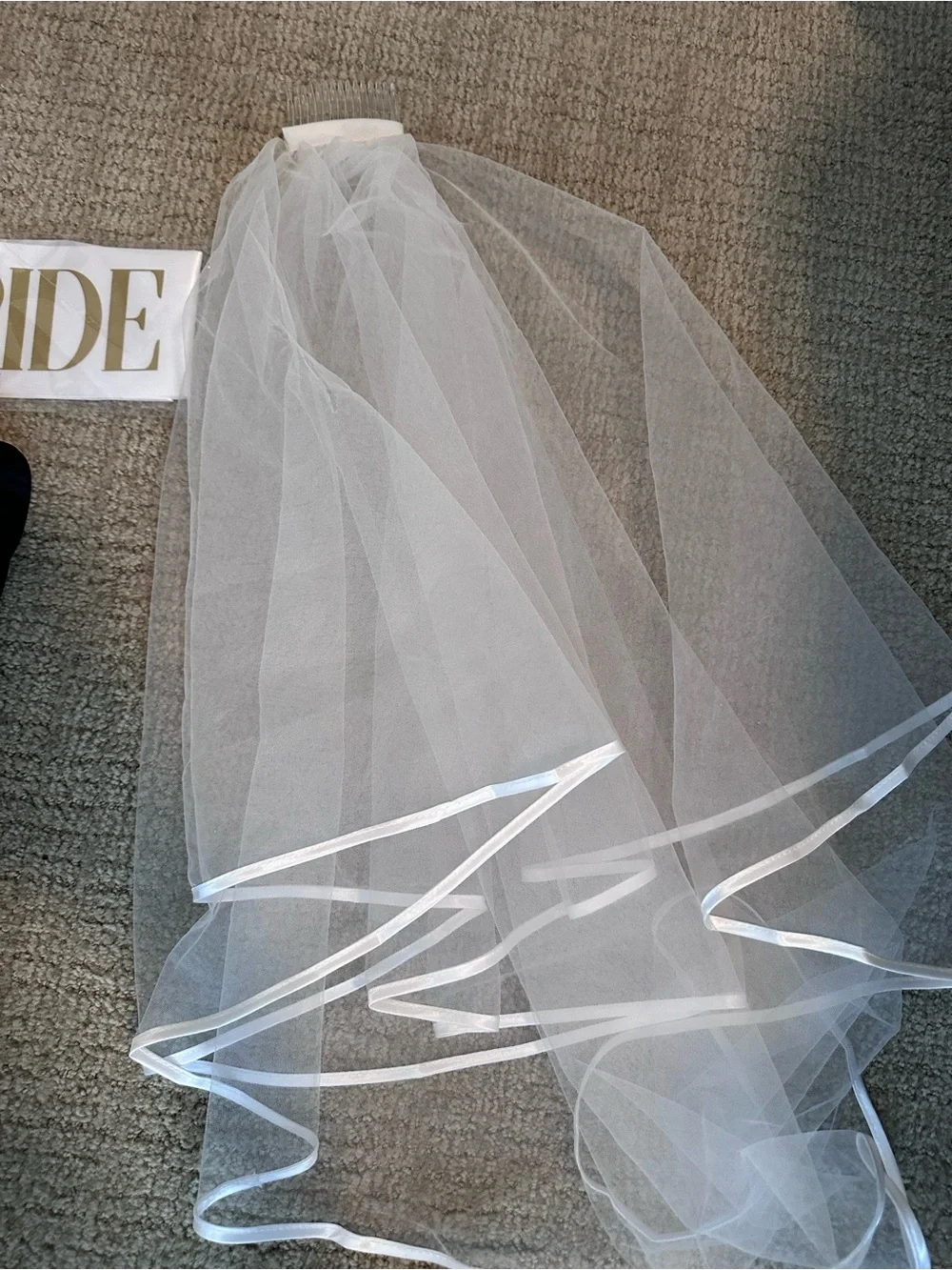 White Bridal Veil with 'Bride' and Black 'ANNY' Sashes